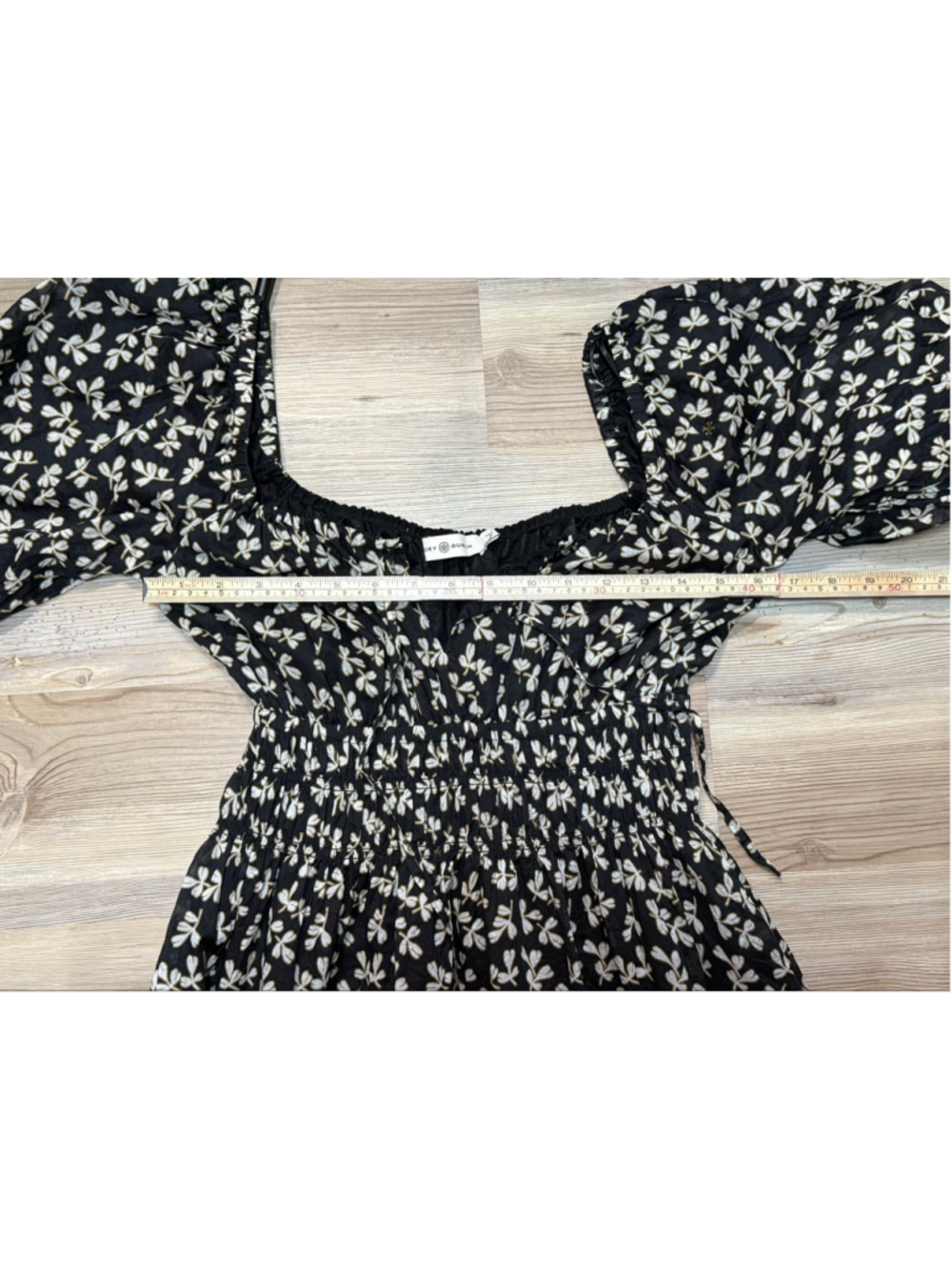 Women's Tory Burch Smocked Midi Dress in Black Little Leaves Size S - Picture 11 of 14